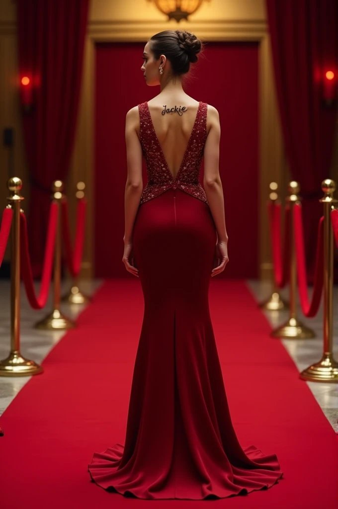 outfit girl for gala night with red carpet background and name JACKIE at the back