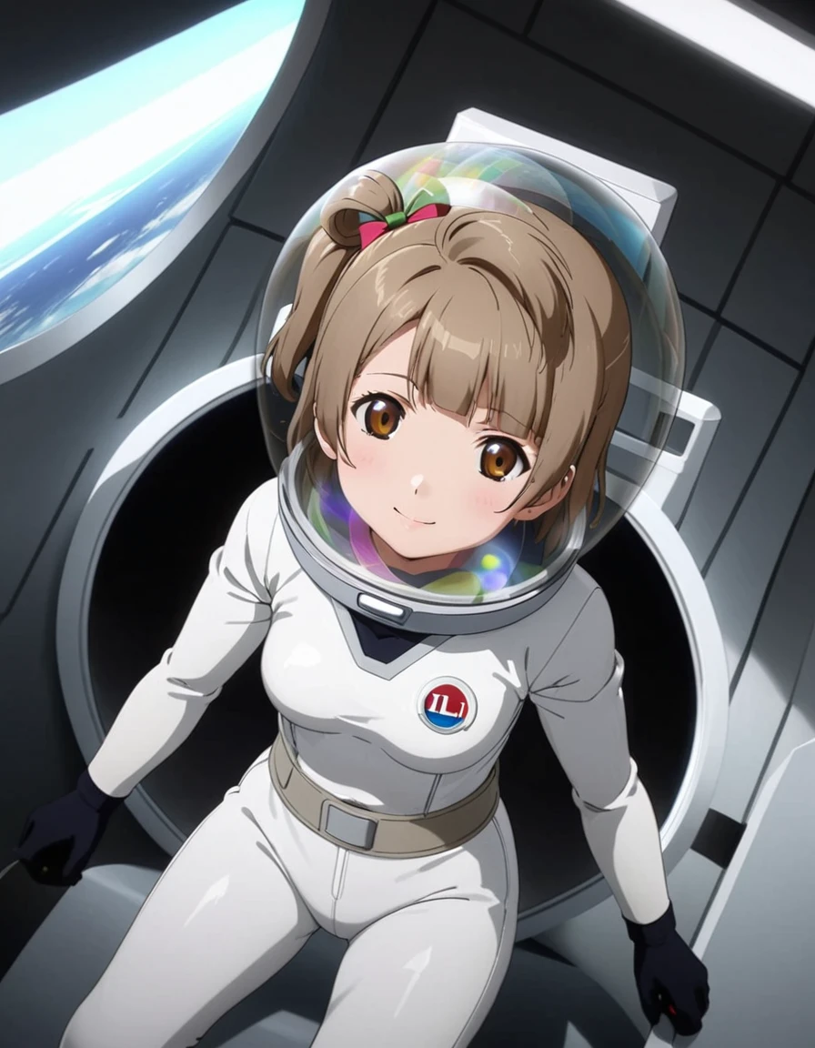 (Spacesuit:1.15), White Cargo Pants, Space Helmet , , Spacewalk, masterpiece, Highest quality, One person, alone, short hair, , , , Bodysuits,Gloss,, short hair, (Futuristic spaceship:1.6), , smile,Covered navel, short hair,Small breasts,From above, space helmet, bubble helmet,Minami Kotori , Love Live! School Idol Project,