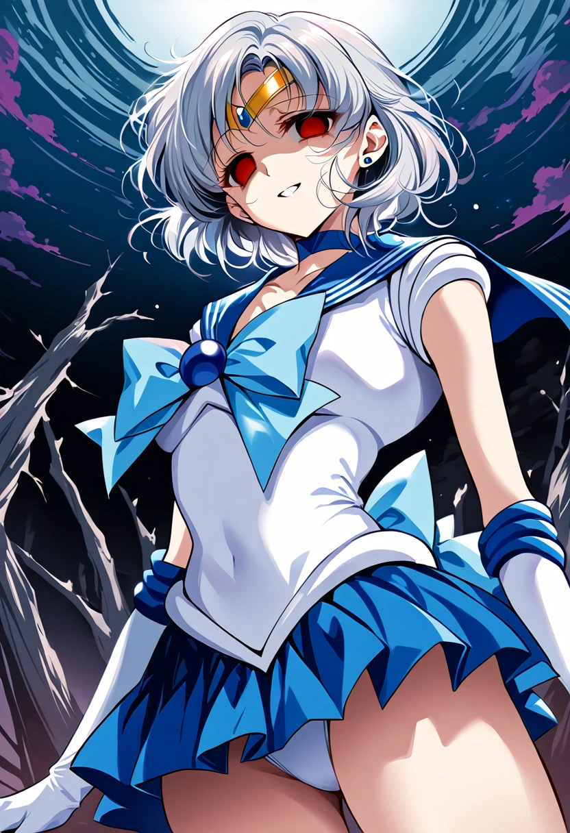 (masterpiece, Highest quality, so beautiful, Very detailed), Intricate details, 12k, Honestly, aamercury, short hair,  tiara, earrings, , blue choker, blue sailor collar, blue bowtie, white shirt, elbow gloves, white gloves, pleated skirt, blue skirt, bare legs, Are standing, Cowboy Shot,,(Wicked Smile:1.2), One person,(Silver Hair:1.4),(empty eyes,:1.4),From below,Watching the dawn,Dark aura,View your audience,(red eyes:1.2),