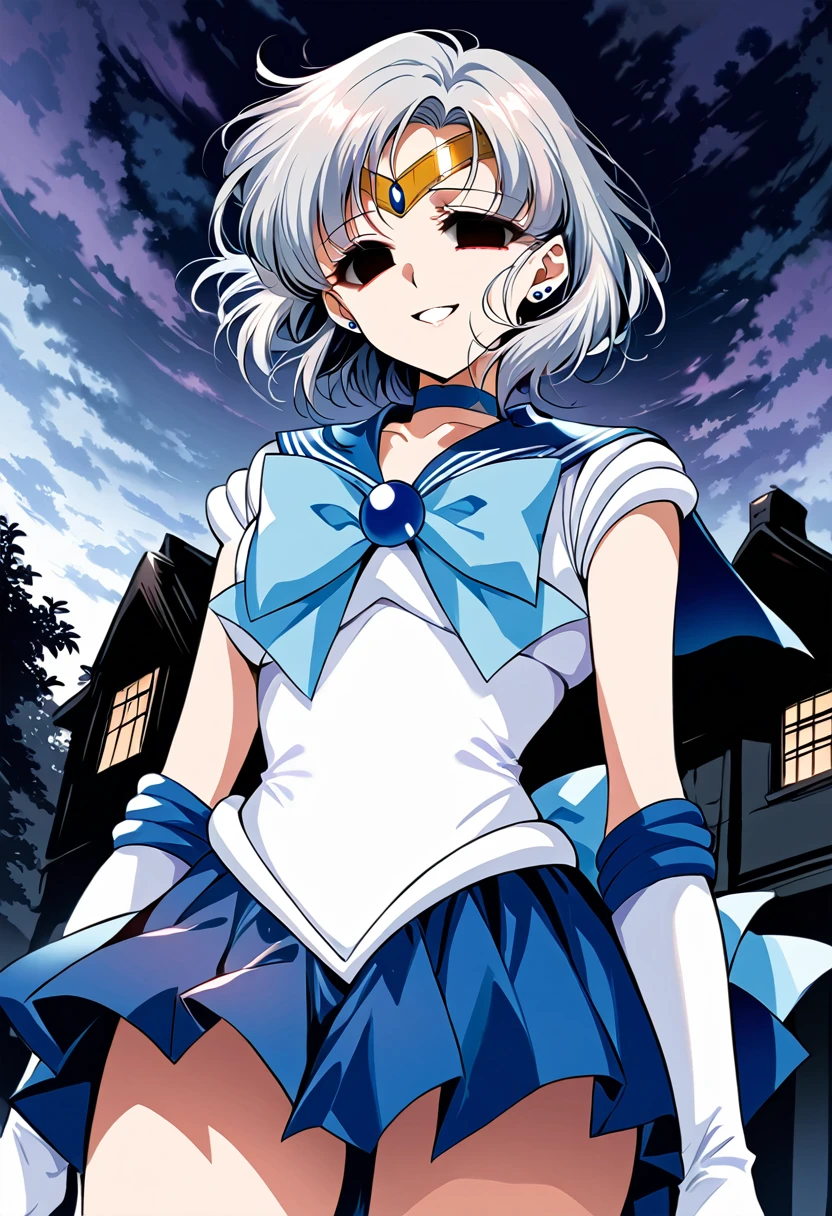 (masterpiece, Highest quality, so beautiful, Very detailed), Intricate details, 12k, Honestly, aamercury, short hair, tiara, earrings, , blue choker, blue sailor collar, blue bowtie, white shirt, elbow gloves, white gloves, pleated skirt, blue skirt, bare legs, Are standing, Cowboy Shot,,(Wicked Smile:1.2), One person,(Silver Hair:1.4),(empty eyes,:1.4),From below,Watching the dawn,Dark aura,View your audience,(red eyes:1.2),