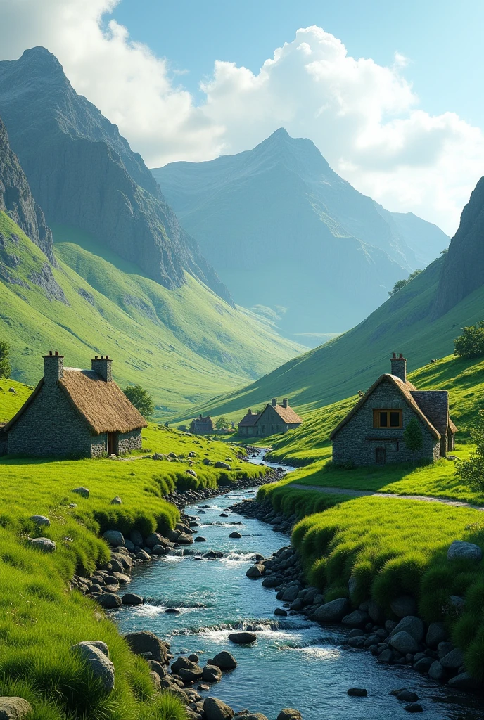houses in the mountains of ireland, river, green grass, ultra realistic 8k