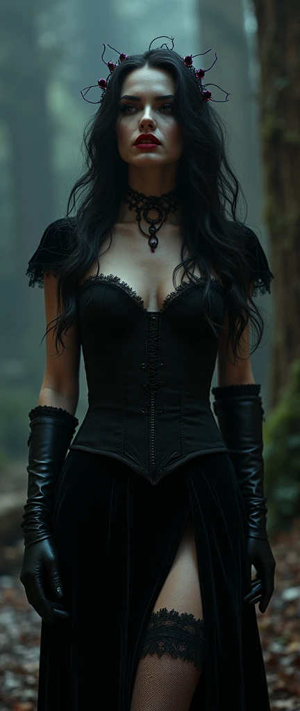 a beautiful dark witch gothic woman, witchcraft 1girl,dark raven hair,pale skin,intense eyes,full lips,seductive expression,black velvet dress,lace trim,fishnets,leather corset,leather gloves,scarlet and purple accents,occult symbols,praying, dramatic lighting,dark moody atmosphere,cinematic composition,(best quality,4k,8k,highres,masterpiece:1.2),ultra-detailed,(realistic,photorealistic,photo-realistic:1.37),dark fantasy,gothic,dramatic,chiaroscuro bleak gritty lighting,dramatic,moody,atmospheric