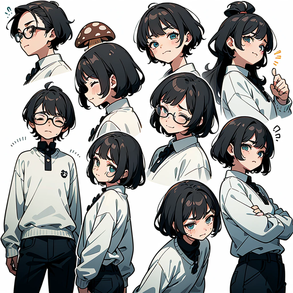 masterpiece, Highest quality, so beautiful, Absurd,
One girl, alone, Black Hair, Bobcut,
Thermont 16A, Glasses, 
Collared shirt, Happy,Painful expression、Frowning、View your viewers, Glassesの調整, White Background, Simple Background,
 