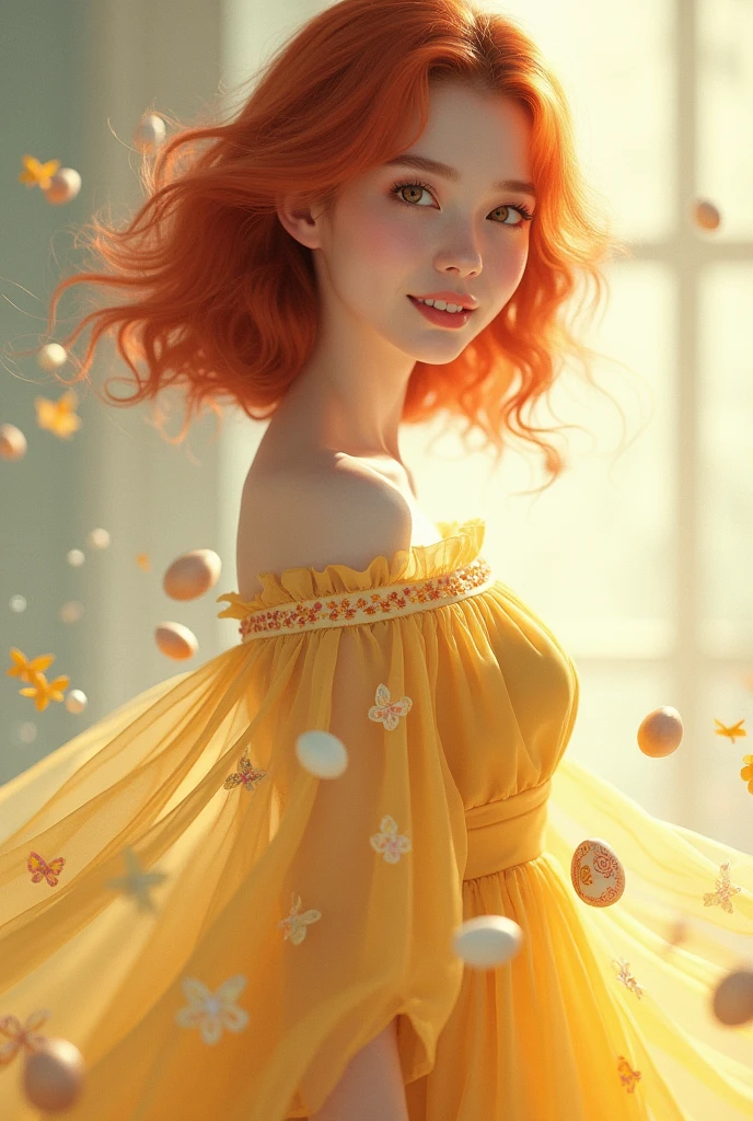 Image Description for Book Cover:

The book cover features a young woman with a charming and sophisticated look.. She has vibrant red hair, that fall in gentle waves up to your shoulders, contrasting strikingly with her clear, mature skin, that has a porcelain tone.

The woman has a sweet and gentle expression, with a serene smile that exudes tenderness. Her eyes are bright and convey a sense of kindness and calm..

She is dressed in a charming yellow dress, decorated with egg prints. The prints are detailed and artistic, providing a playful and sophisticated touch to the dress. The egg prints are creative and subtle, distributed throughout the dress in a harmonious way. The dress has a flowing and elegant design, with a drape that accentuates the gracefulness of the figure. Additional Detail, like small bows or refined embroidery, add a touch of sophistication to the look.

About the dress, the woman wears a thin, ethereal cape, with a slight glow that suggests a magical and dreamy aura. The cover is transparent and fluid, creating a visual effect that complements the softness of the dress.

The cover background is soft and harmonious, with pastel tones or a delicate gradient that highlights the central figure without diverting focus from it. The overall design of the cover should convey a combination of sweetness, sophistication and a sense of enchantment, creating a memorable and compelling impression for the reader.

