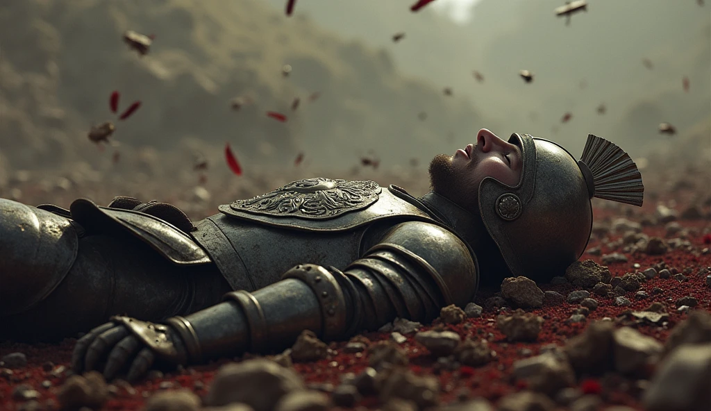 "A highly realistic, high-contrast, 8K HD, detailed, hyper-detailed image of the Lion-Emblazoned General lying lifeless on the battlefield. The general, clad in steel armor with a prominent lion emblem on his chest, is surrounded by the remnants of a fierce battle. His distinct helmet, which bears the unique design associated with his rank, is slightly tilted, revealing the finality of his defeat. The scene is somber and dramatic, with the lifeless body of the once-mighty general framed against the backdrop of a devastated battlefield. The atmosphere is heavy with the aftermath of battle, with dust and blood-stained ground highlighting the chaos that has just unfolded. The image captures the final moment of the Lion-Emblazoned General, a figure of power brought low in the heat of war."
