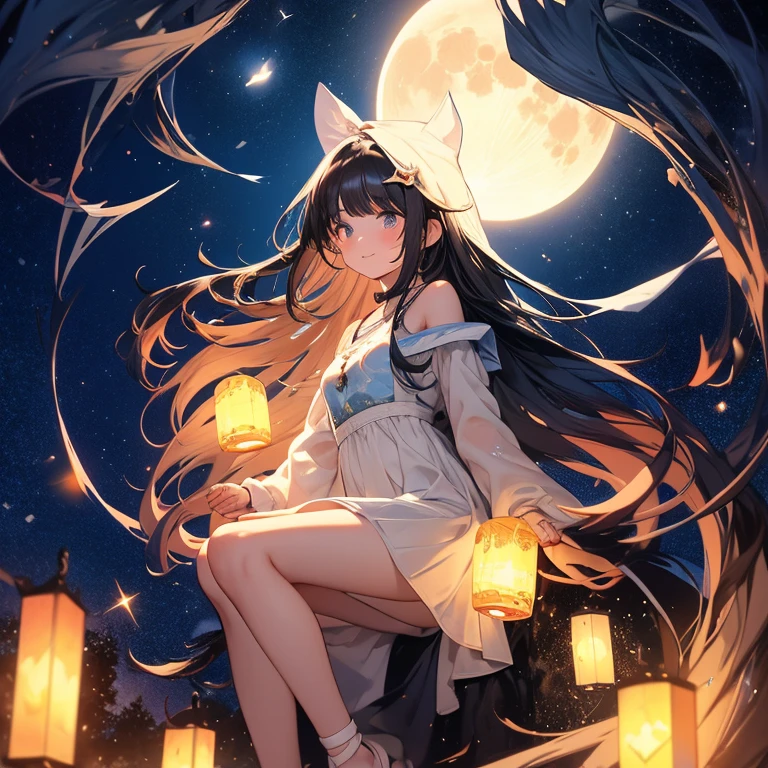 masterpiece, best quality，8K, Ultra-high resolution，On warm summer nights，A bright moon hangs above the deep blue starry sky，Girl standing in the middle of the lake，Her long hair seems to be swaying in the wind，The breeze caresses her cheeks，Bring a chill。She raised her head gently, looking at the moon in the distance, It seems as if the past has been forgotten, The lake quietly reflects the sky。calm around, Only a few campfire bugs are flying around, The girl is confused and curious, Enjoy this peaceful night。