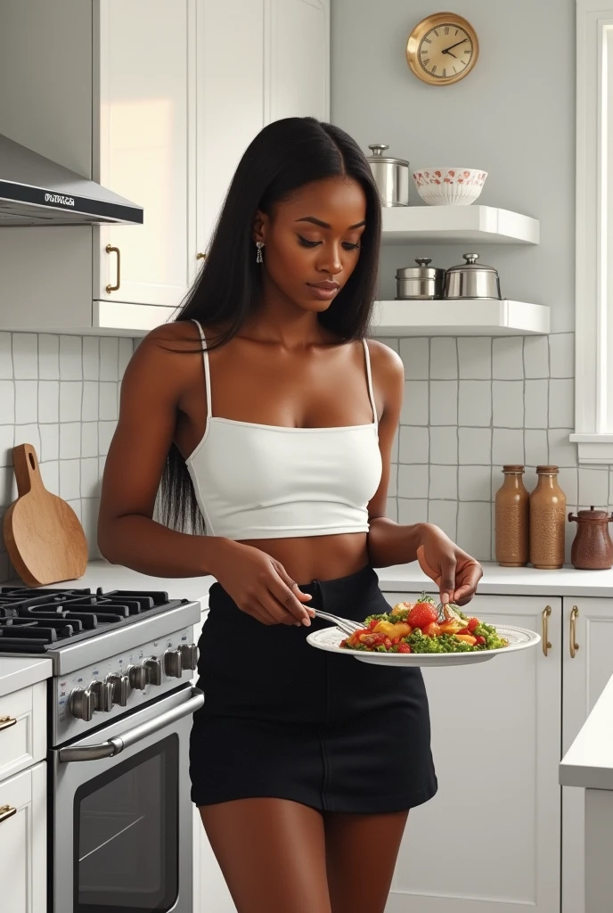 ( realistic paint) A beautiful  African woman, fair in complexion with a long straight 
hair on a black bum short  revealing her hips and a white top cooking food in her luxurious kitchen painted white 