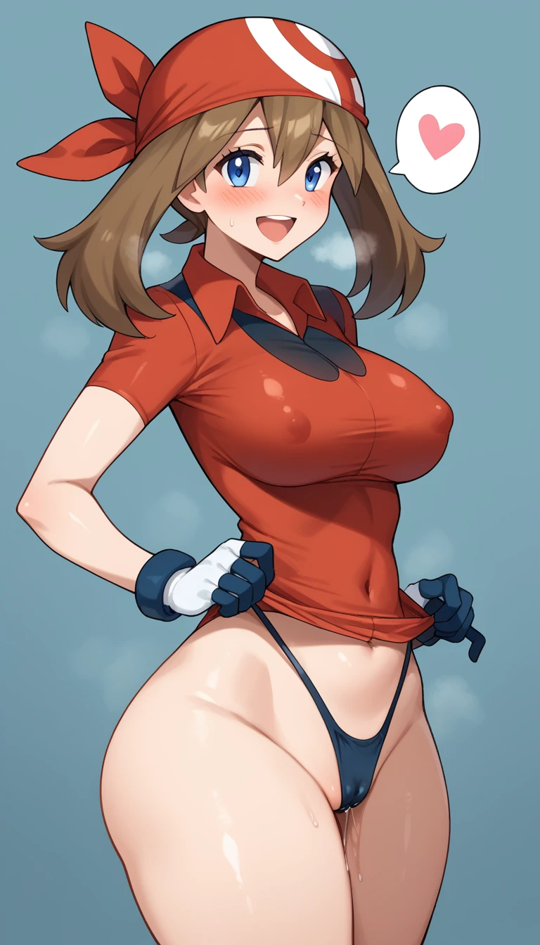 score_9, score_8_up, score_7_up, score_6_up,   gloomy, black back ground,, 
BREAK
ExpressiveH, souce_explicit, 
BREAK
1girl, solo, pokemonmay, blue eyes, brown hair, bandana, long hair, red bandana, twintails, hair between eyes, elect nipple, large breasts, blush, happy, , spoken heart, 
thong, collared shirt, gloves,  multicolored shirt, , red shirt, short sleeves,
tall, leggy, shiny skin, heavy breathing,, huge ass, wide hips, tight waist,, thick thighs,
,pussy juice,  cameltoe, 




  
standing, from side, looking at viewer,