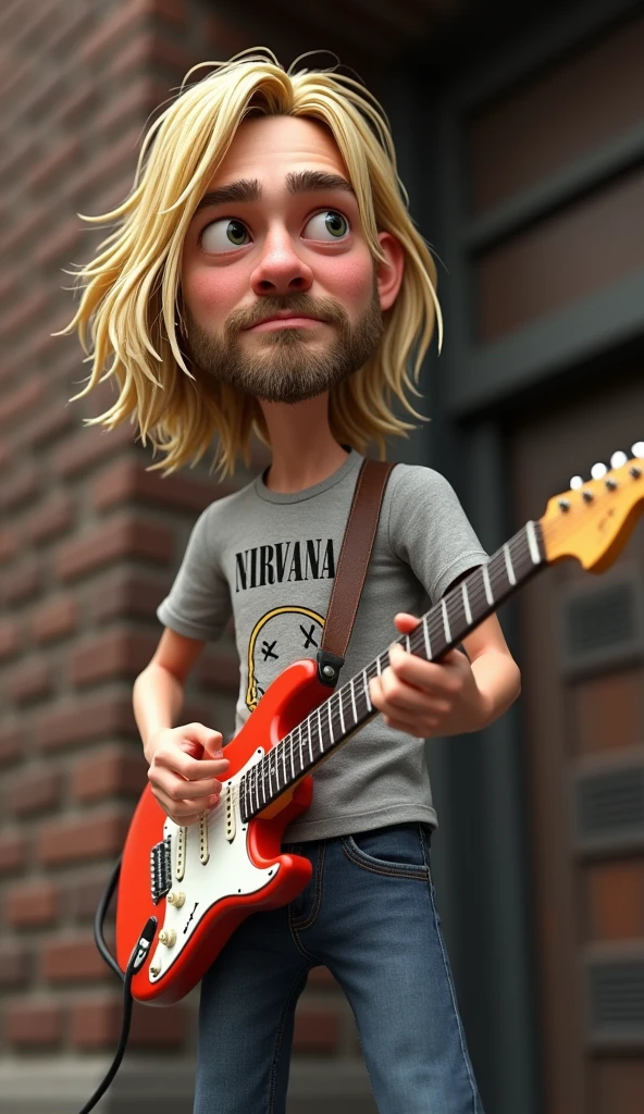 3d kids caricature, a man who looks like kurt cobain, wearing a t-shirt that says "Nirvana", playing the guitar, brick wall background