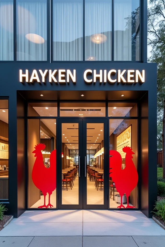 A front View of L shaped  building, Front Door made of glass chicken pictures on the glass whit only red paint,the door is open in two sideds sliding, write "Hayken chicken" On the top of the Door, 