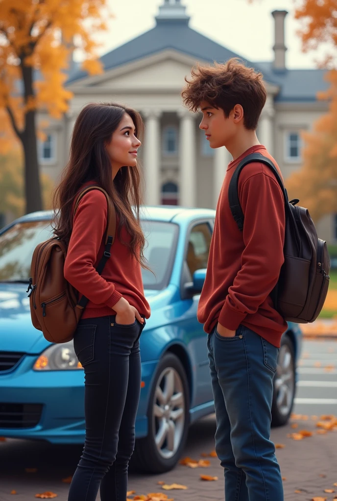 A girl with long brown hair and brown eyes, of average height and with a brown backpack on his back, with a curvy body dressed in black jeans and a red long-sleeved sweater standing next to a blue car, with a slightly taller boy,with brown hair, and slightly disorganized leaning against the car saying something to the girl and in the background,a university residence with a campus
