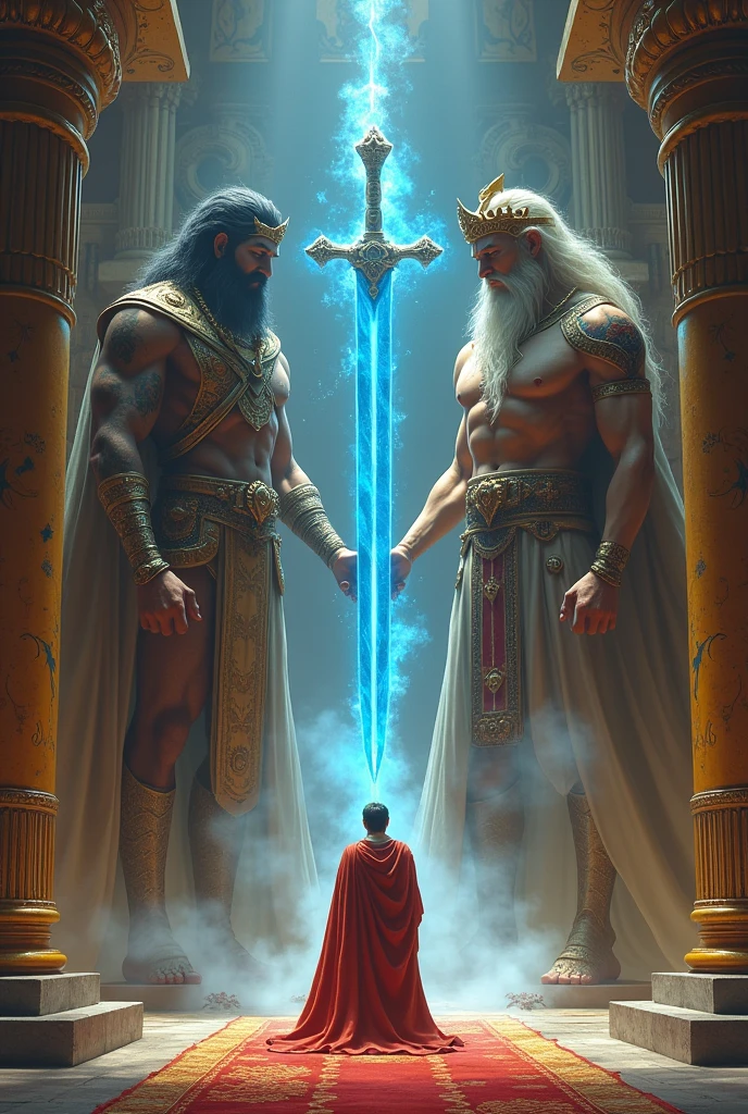 A king in a sacred temple before two gods who grant him a blue sword and a yellow bow and arrow