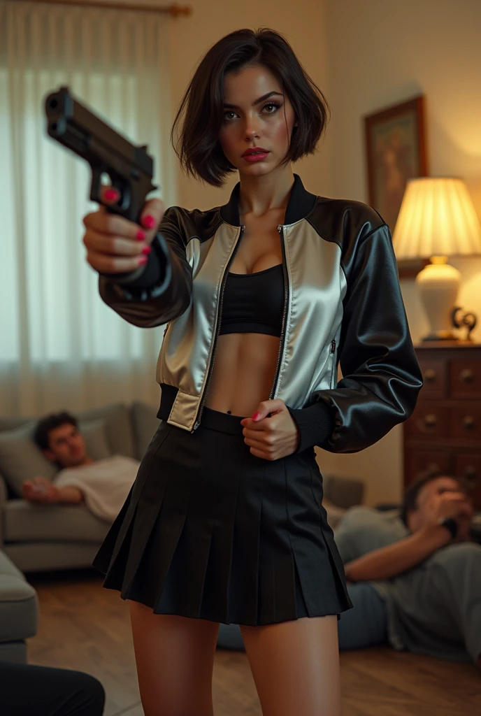 wide depth of field, wide depth of focus, f/11 lens setting, all objects in focus, full color image, woman with pistol, holding glock pistol, living room background, full body image, (black and white short cropped soft shiny satin bomber jacket), zipped up jacket, pleated shiny satin mini skirt, woman posing with a pistol ,,pistol in one hand, pure form, intricate details, 8K post-production, high resolution, super detailed, Popular topics on Artstation,, Studio photos, intricate details, Very detailed, several defeated men lay on unconscious with closed eyes on the floor in the background
