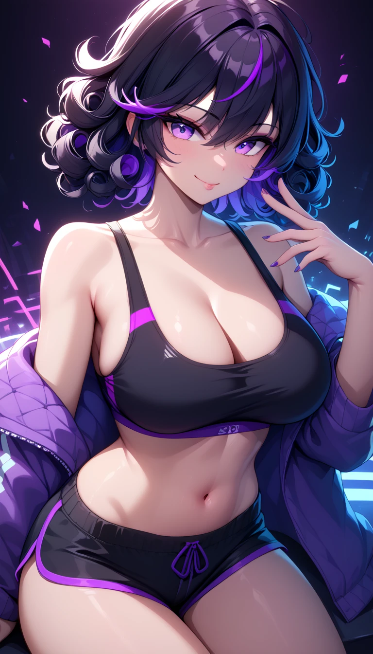 1 Girl, Large Breasts, Raven Black Hair, Neon Purple Highlights In Hair, Curly Hair Style, Shoulder Length Hair, Neon Purple Eyes, Light Tanned Skin, Smooth Skin, Soft Features, Sassy, Cute Face, Think Thighs, Black Sports Bra, Black Booty Shorts, Sexy, Tease, Lewd, Cleavage, Lewd Pose