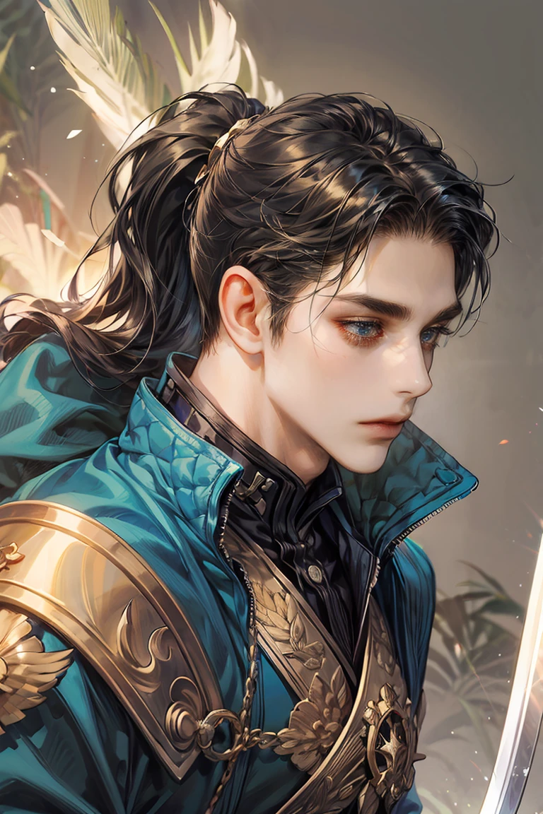 Secondary element,The style of animation,person(male warrior),The ratio is correct,Face Details,swordsman,high-ponytail Hairstyle,Neck detail,There's an Adam's apple there.,blue suit,grap,Long blue gown,clothes details,India,long sleeves,game quality,fencing,Light and Shadow Tracing,ray tracing,Detailed light,CG Rendering,head detail,blue long hair,blue colored eyes,amazing,amazing,(Young sense),Complex clothing,forest,night,starry,perfect composition,refine,high quality,More details,many fine details,Background complex,Atmospheric feeling,