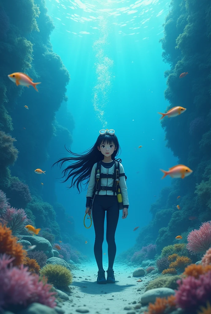  "I am an asian ,**"I am diving at the bottom of the sea with diving gear in mouth and looking at the camera, surrounded by beautiful fish."**


More human look please and long hair not sexy

Full picture 
