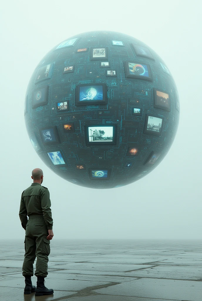 floating transparent sphere full of technological screens each with different images and social networks , and a bald man dressed in modern military green overalls on the side and outside of that sphere looking at her, in an open scenario