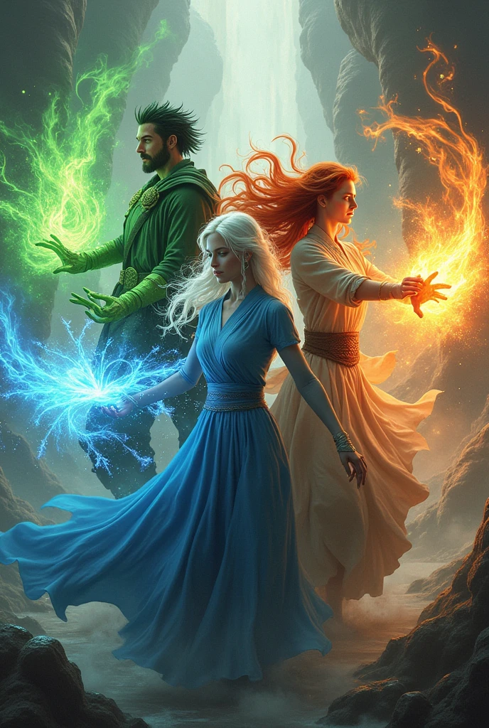 A movie poster, with a green haired man, green clothes, using green magic to create roots and plants around, A woman with blue hair and a blue dress, using a blue magic to control the water around, a woman with red hair and warm colored clothes, using orange magic to control the flames around, and a man with white hair and gray clothes, using white magic to control the winds around.