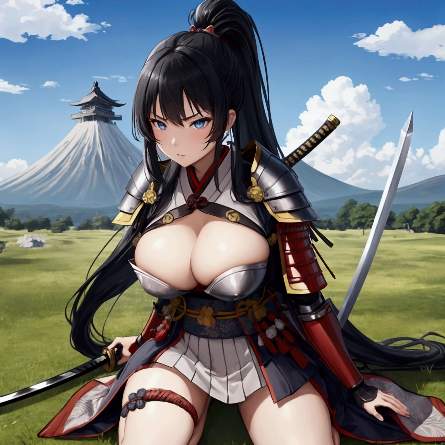 (Japanese women)、(Warrior Princess)、(Goddess of War)、(Black Hair)、(ponytail)、(Old Japanese Armor)、((Holding the Japan sword))、(True to prompts)、(Deluxe)、(Glaring with sharp eyes)、(Super big breasts),(battlefield)、(grassland)、((A large number of soldiers))、(sunny)、(blue sky)、(Best lighting)、{{{Browsing Caution}}}、{{{masterpiece}}}, {{{Highest quality}}}, {{ultra-detailed}}, {{shape}}, {{{Very delicate and beautiful}}},{{extremely detailed CG}}、{{unity 8k portrait}}、{{Fabric Shading}}、{{super detailed skin}}、{{Perfect Anatomy}}、{{detailed}}、{{Dynamic Lighting}}、{{{beautiful detailed eyes}}}、{{{beautiful detailed Face}}}、(Perfect Legs)、(Perfect breasts)、(Perfect pose)、(Perfect body)