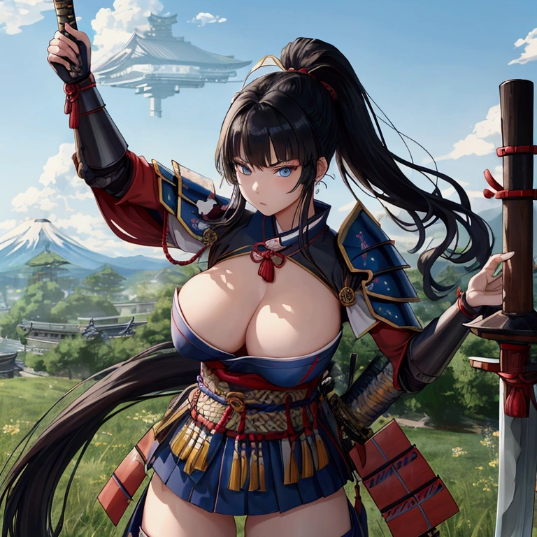 (Japanese women)、(Warrior Princess)、(Goddess of War)、(Black Hair)、(ponytail)、(Old Japanese Armor)、((Holding the Japan sword))、(True to prompts)、(Deluxe)、(Glaring with sharp eyes)、(Super big breasts),(battlefield)、(grassland)、((A large number of soldiers))、(sunny)、(blue sky)、(Best lighting)、{{{Browsing Caution}}}、{{{masterpiece}}}, {{{Highest quality}}}, {{ultra-detailed}}, {{shape}}, {{{Very delicate and beautiful}}},{{extremely detailed CG}}、{{unity 8k portrait}}、{{Fabric Shading}}、{{super detailed skin}}、{{Perfect Anatomy}}、{{detailed}}、{{Dynamic Lighting}}、{{{beautiful detailed eyes}}}、{{{beautiful detailed Face}}}、(Perfect Legs)、(Perfect breasts)、(Perfect pose)、(Perfect body)