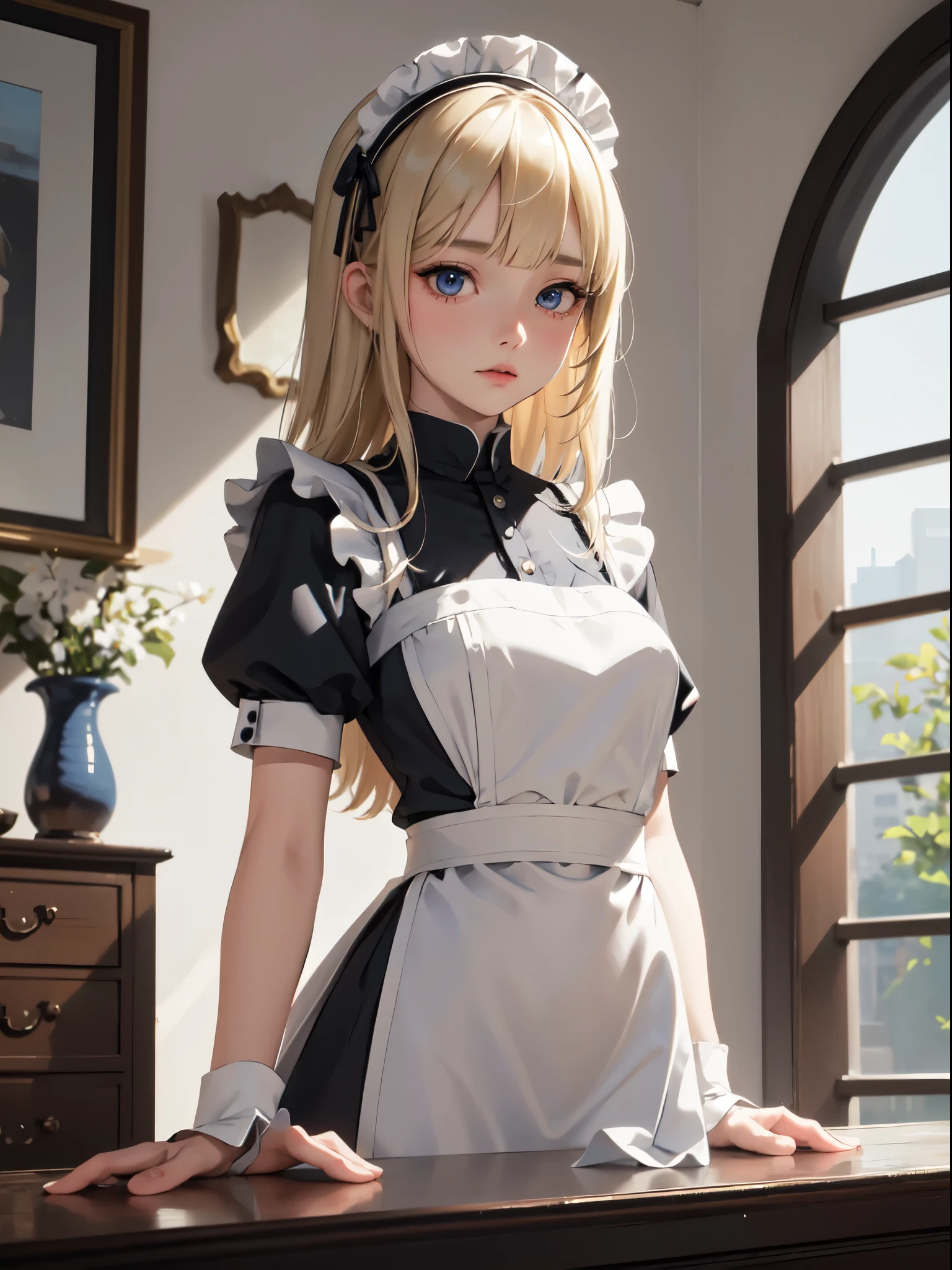 1lady, solo, young girl, , straight blonde hair, blunt bangs, Blue eyes, (Cold look), (masterpiece, best quality:1.2) delicate illustration, ultra-detailed, medium breasts, ((upper body)), (Mini skirt maid outfit), living room、A sharp expression、Maid clothes with a view of the valley、garter belt、Underwear glimpses 、The pants are black、Ecupの胸