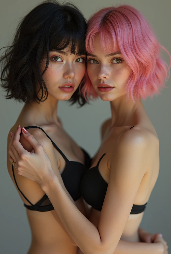 Three 22 year old girl punk BDSM models, topless, dyed hair.  Facing viewer, pastel theme, soothing tones, muted colours, high contrast, (natural skin texture, hyperrealism, soft light, sharp) glamour magazine