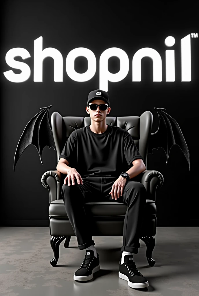 Create a 3D illusion for a Instagram profile picture where a 2 boy in a black shirt sits casually on a Wingback Chair. Wearing sneakers, a black stylish cap, and sunglasses, he looks ahead. The background features "SHOPNIL" in big and capital white fonts on the black wall. There should be his shadow, and there are wings to make it appear as if he is an devil