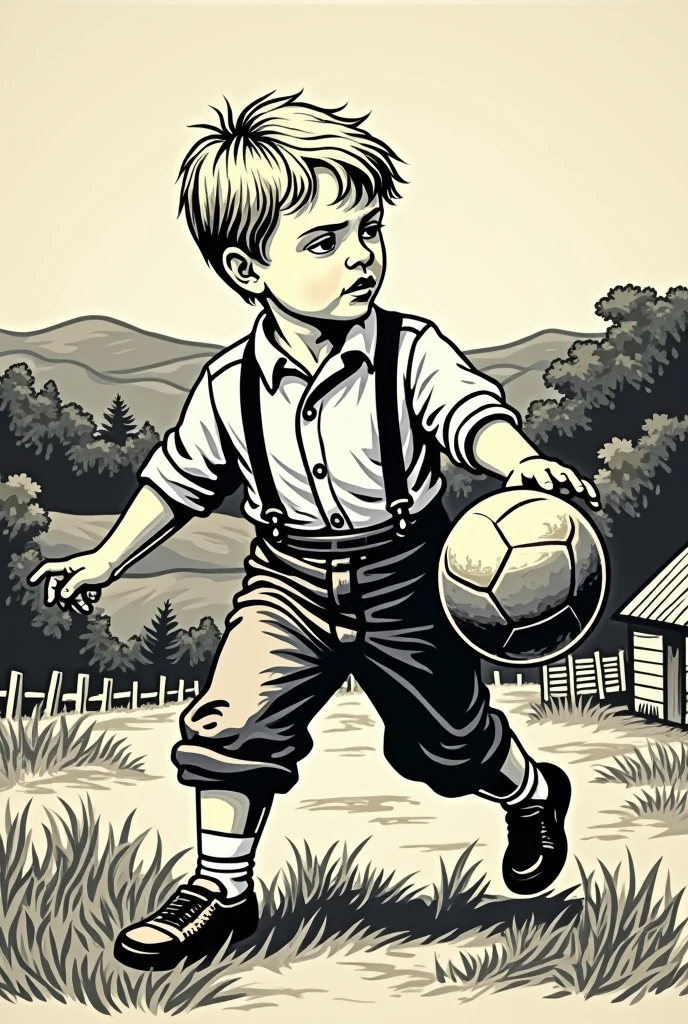 woodcut of a cordel with an image of an  white boy from the northeast playing ball 