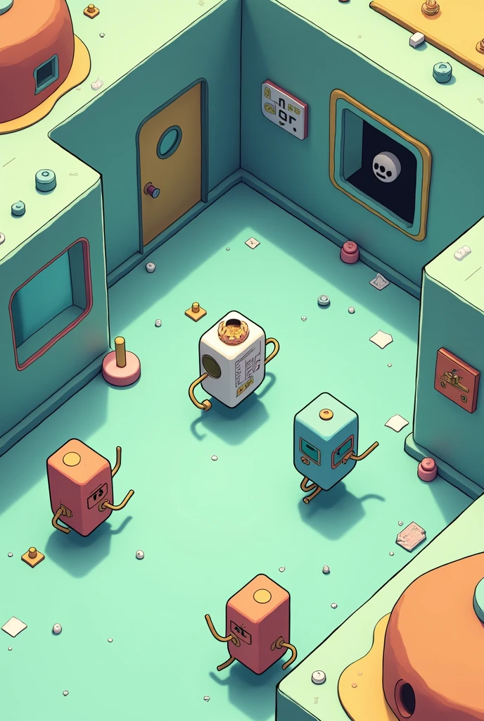 (3D game screenshot), ((third-person camera view)), stylized casual game. Main character is BMO robot from Adventure Time cartoon. Multiple similar robots running around the level. Level design resembles a test chamber. Colorful, playful atmosphere. Cartoon-style graphics, simple textures. Isometric view, game UI elements visible. Adventure Time inspired, puzzle-platformer aesthetics. Game development, 3D modeling, character design
