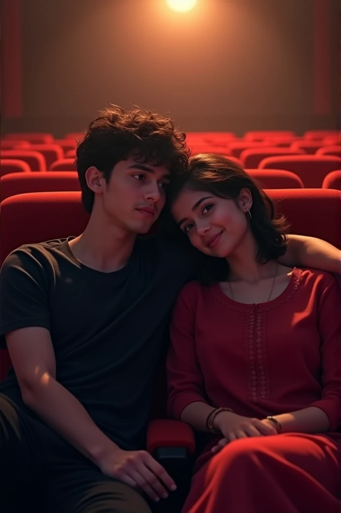A 1 boy in black shirt and black pants and a 1 girl in red kurti sitting together in theaters watching stree 2 movie while girl rests her head on boy's shoulder