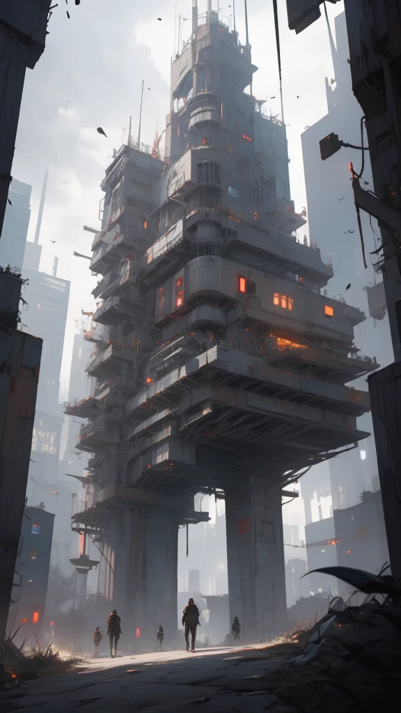 high qualiy, awardwinning, high resolution, 8k, 2 blonde woman in white dress of advanced technology, undead tower from the bottom, cyberpunk fantasy city