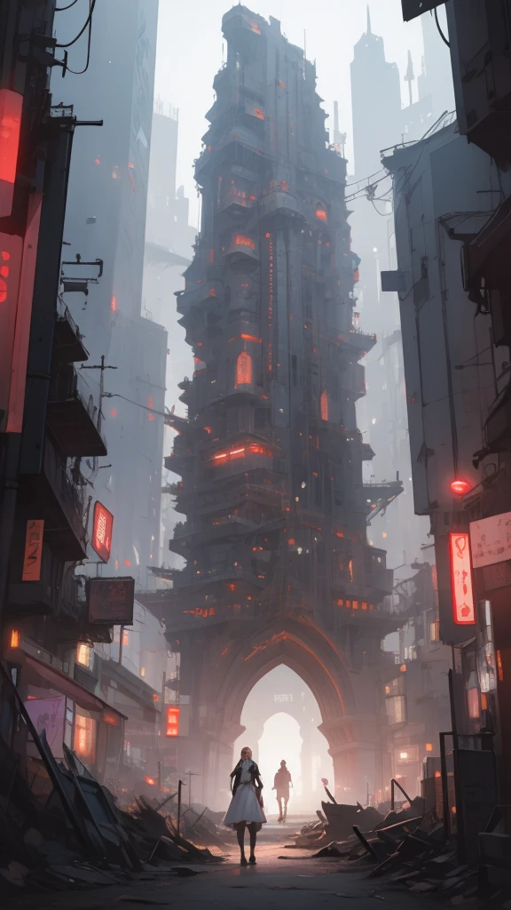 high qualiy, awardwinning, high resolution, 8k, 2 blonde woman in white dress of advanced technology, undead tower from the bottom, cyberpunk fantasy city