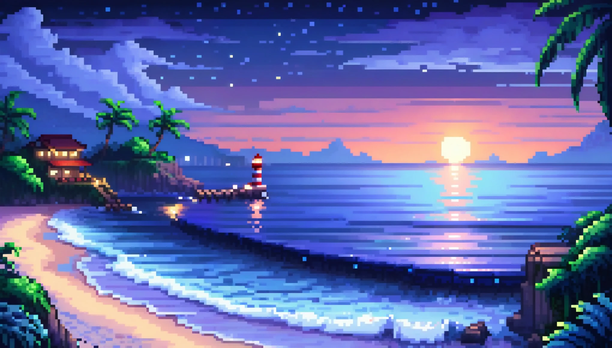 Pixel art, Seaside, scenery, landscape, photograph,Sea of night