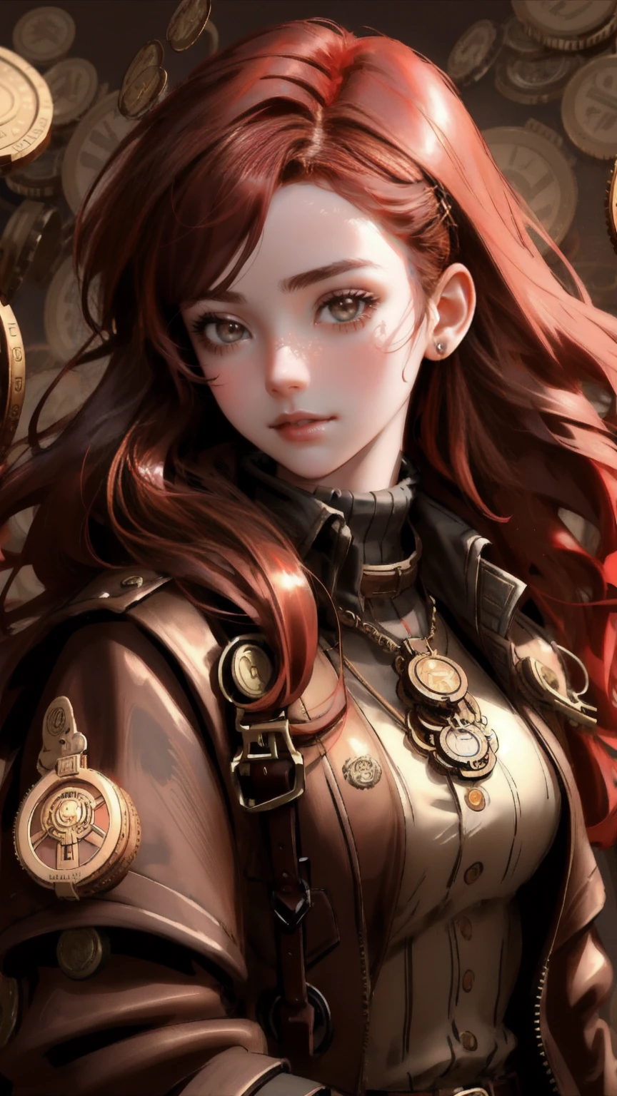 A beautiful, red-haired girl wearing steampunk goggles, surrounded by floating coins, symbolizing 'Airdrop Addiction.' The background is a rich brown, emphasizing the contrast between the girl's vibrant hair and the metallic coins swirling around her.