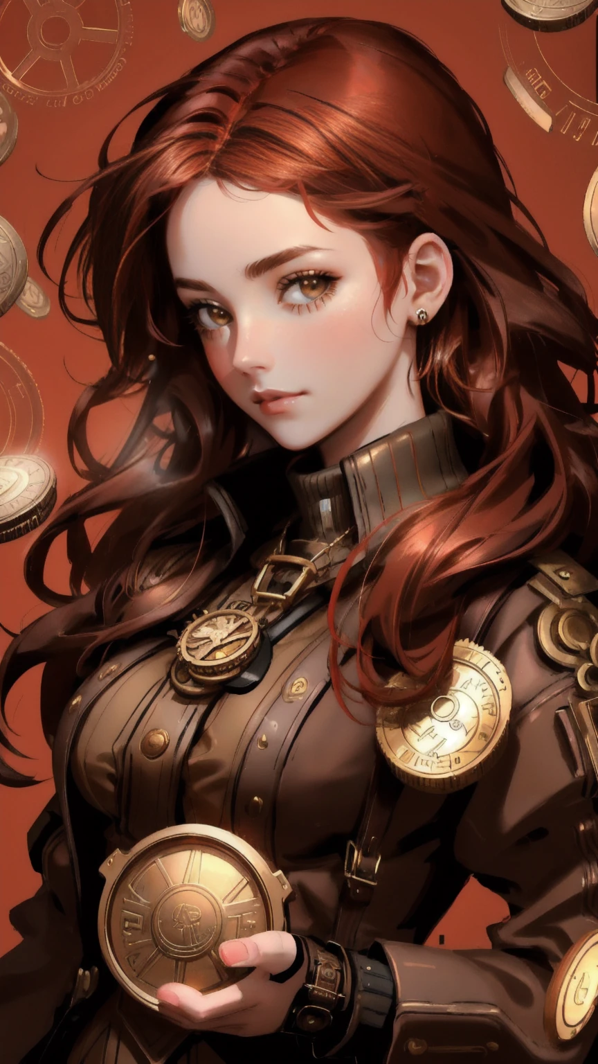 A beautiful, red-haired girl wearing steampunk goggles, surrounded by floating coins, symbolizing 'Airdrop Addiction.' The background is a rich brown, emphasizing the contrast between the girl's vibrant hair and the metallic coins swirling around her.