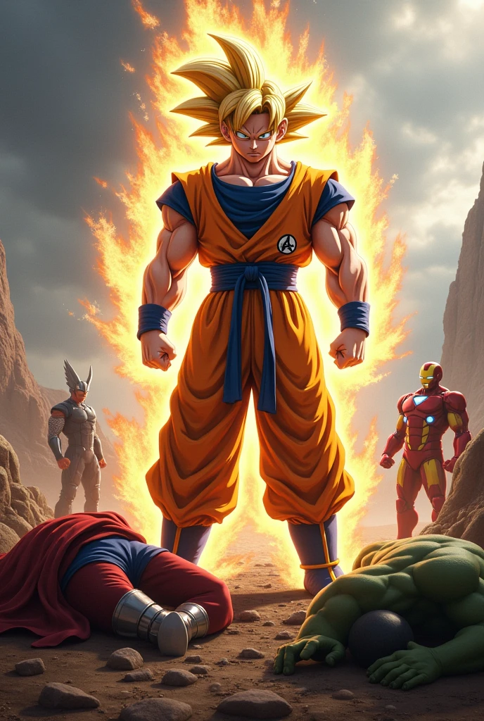 hình ảnh thực tế, Goku Ultra Instinct fights the Avengers, Goku chiến thắng, (thor) (the hulk) (iron man) (captain america) all lie at Goku&#39;s feet.