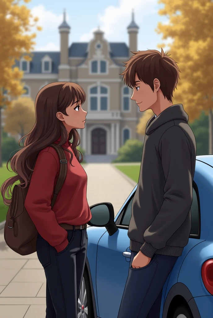 A girl with long brown hair and brown eyes, of average height and with a brown backpack on his back, with a curvy body dressed in black jeans and a red long-sleeved sweater standing next to a blue car, with a slightly taller boy,with brown hair, and slightly disorganized leaning against the car saying something to the girl and in the background,a university residence with a campus