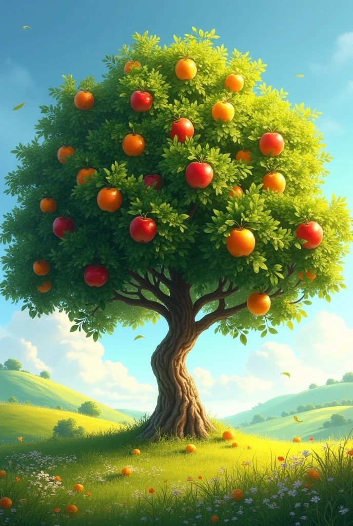 A tree with various fruits, apples, peaches and oranges