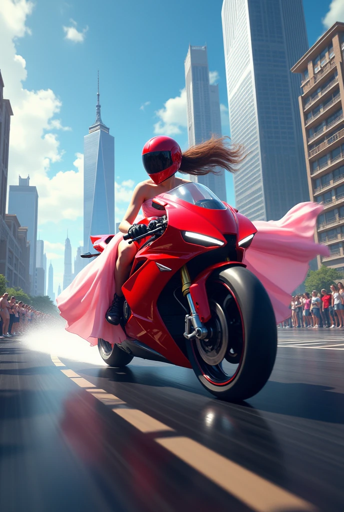 Up Wheelee bike exhaust,girl riding with red helmet,red futuristic bike, silky waving light pink groom dress,on black road background with sky sctpping street and crowd.