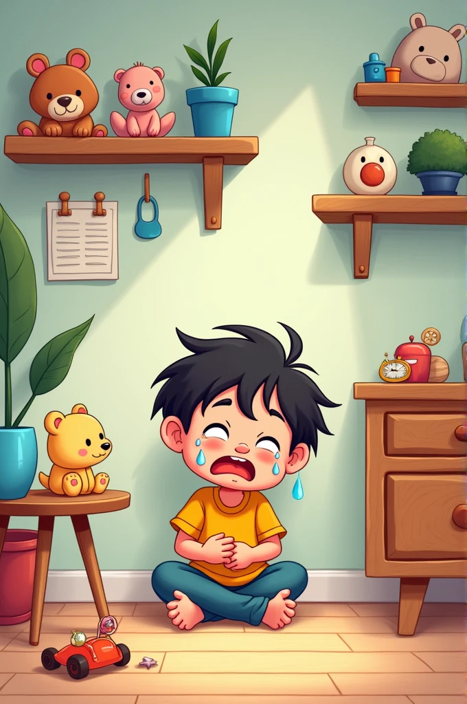 Cartoon of children's room, with shelf and toys in it, a crying, a baby toy on the table.