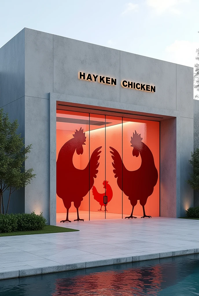 A front View of L shaped  building, Front Door made of glass chicken pictures on the glass whit only red paint,the door is open in two sideds sliding, write "Hayken chicken" On the top of the Door, fountain in front of the door