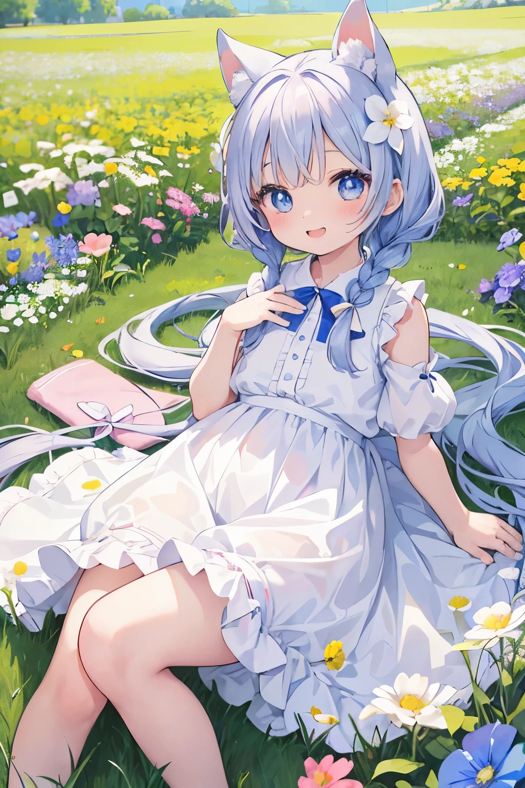 anime、pastel、Cute Asian ???、Small child、、Very short、Baby Face、Laughing with your mouth open、Happy smile、Showing teeth、Double teeth、Indigo and white hair color、Braided Short、Flower Hair Ornaments、Small animal ears、drooping ears、Fluffy animal tails、azure blue eyes、Odd Eye、Cute eyes、Wide open eyes、Light in your eyes、Cheeky cheeks、Pure white dress、Floral Skirt、Skirts with ruffles、Put your arm out、Put your feet up、Plump thighs、Cute Girlfriend、happy、really like、Frolic innocently、Heart on screen、Pear-shaped、Lie down、barefoot、Flower Field