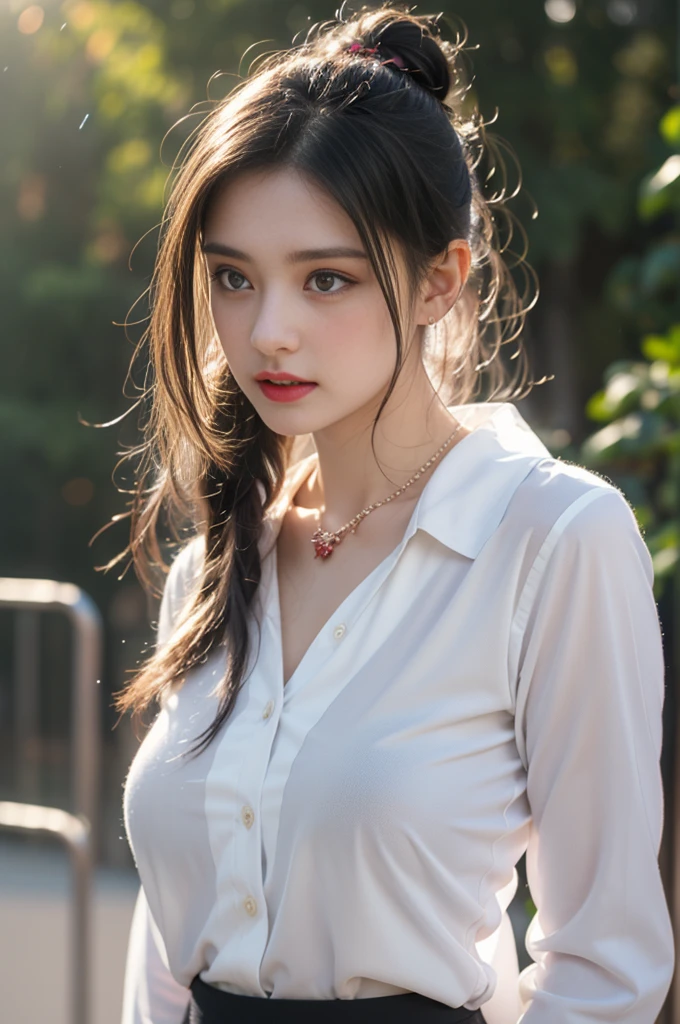 1 beautiful girl in Hanfu, ((very thin and soft white silk shirt)), platinum purple long ponytail, Jewelry, ear jewelry, necklace and necklace, carefully painted purple big eyes, carefully made up, thin eyebrows, high nose, beautiful red lips, no smile, pursed lips, rosy cheeks, wide chest, big breasts, well-proportioned breasts, slim waist, well-proportioned buttocks, black fishnet stockings, Chinese Hanfu style, fictional art pattern, full of bright and realistic colors, RAW photo, realistic photo, 8k ultra-high quality surreal photo, (magic light effect effect: 1.8), 10x pixels, magic effect (Background): 1.8), super detailed eyes, full body portrait of the girl, standing in the rain, wet clothes hugging the body, revealing beautiful curves, dynamic posture, 1 Girl, Beautiful, , 20 Years Old, White Skin, Pose, Big Breast, (The Front of The Blouse is Open:1.3), Grey Eye, Muscles:1.3, Outdoor, Bokeh:1.1, Drill Hair, Tied Hair, ((Coloured Hair)), Open Mouth