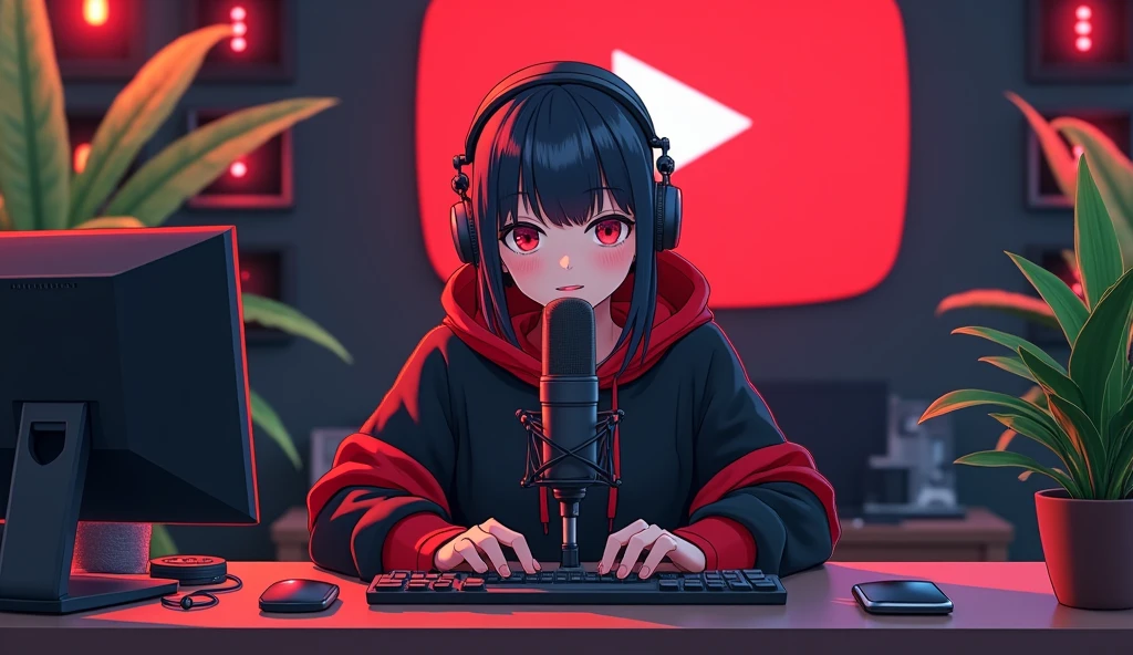 Create a image of "A 18 years anime girl with headphones sitting in front of a microphone, wearing black and red hoodie. The background includes a large YouTube logo on the wall, potted plants on either side, and various computer and recording equipment."