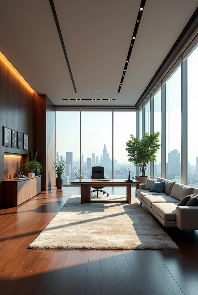 A luxurious and modern office room, make a wide image showing the entire office room 
