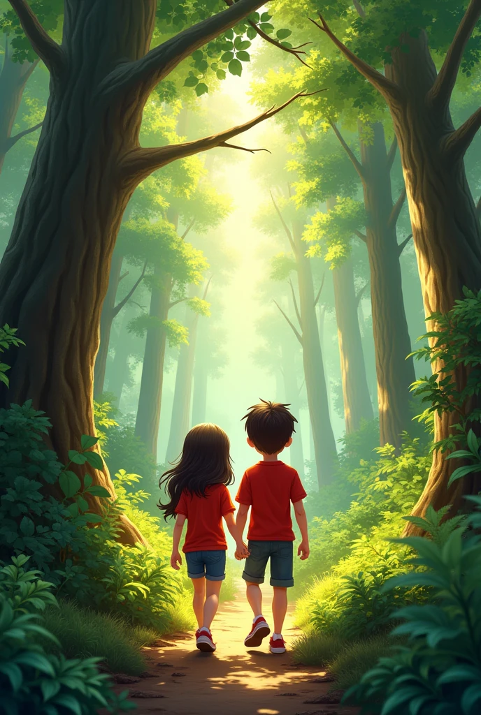 Two friend in the forest in Red shirt