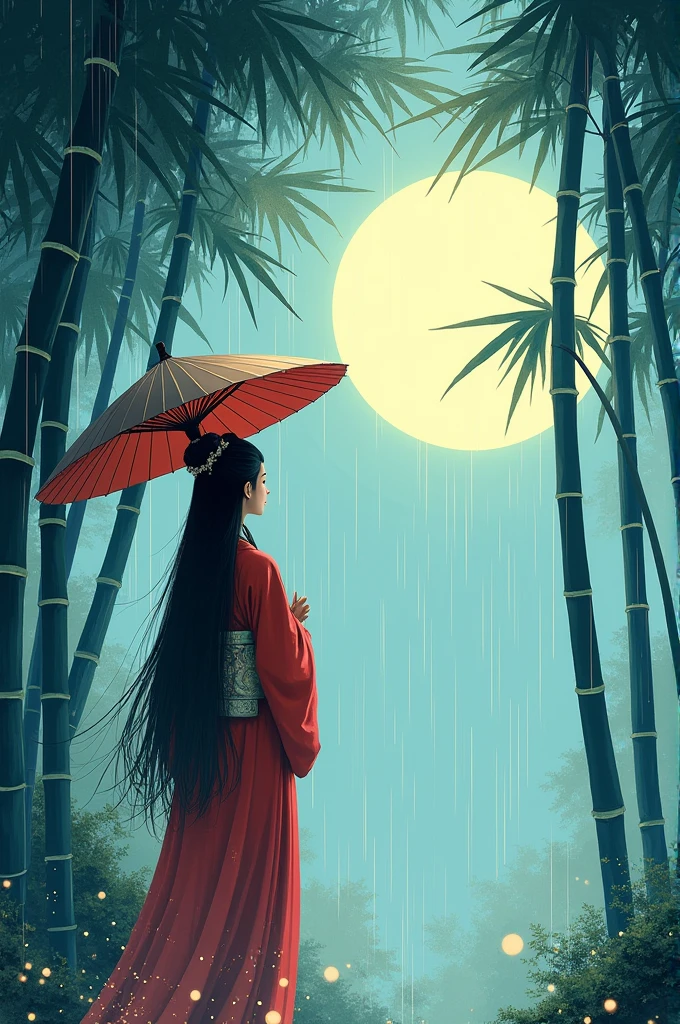 dynamic ink painting of a bamboo grove of japan, great art, great sense of depth, ground level shot, the most beautiful bamboo grove in the world, bamboo leaves shining through rainwater, moon\(pale blue\) with a light overcast, beautiful woman\(ancient Japanese noble, beautiful kimono, beautiful long black hair\) looking up at the moon holding an umbrella,raining softly, fireflies flying around, bamboo leaves are placed three-dimensionally in the foreground, long distance shot,limited color