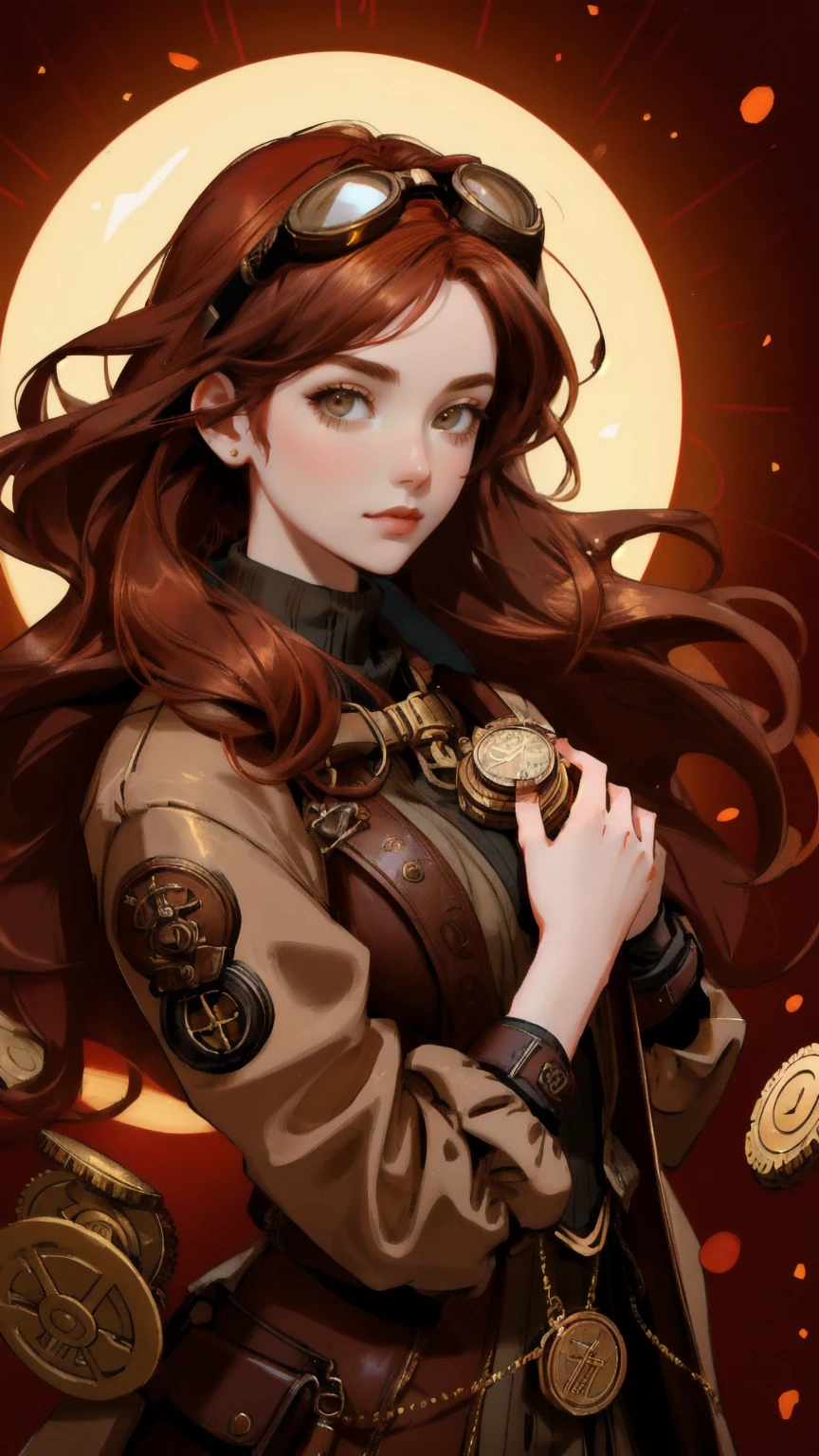 A stunning red-haired girl wearing steampunk goggles, surrounded by a flurry of floating coins, representing 'Airdrop Addiction.' The background is a deep, earthy brown, enhancing the contrast between her vibrant hair and the golden coins cascading around her.