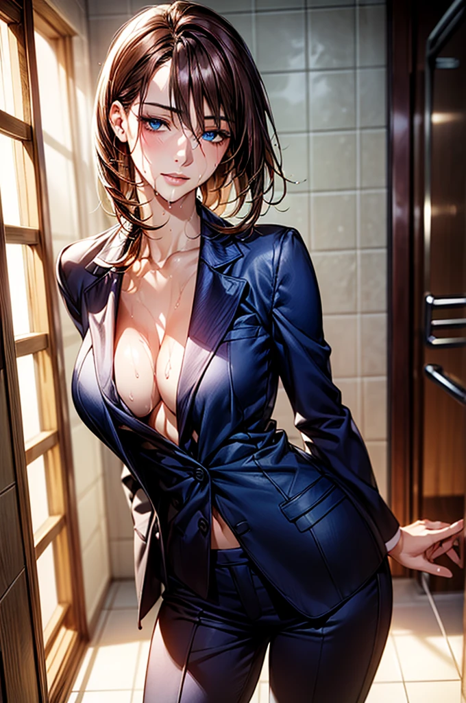 (masterpiece:1.2, Highest quality), (Realistic, photoRealistic:1.4), Beautiful illustrations, (Natural Side Lighting, Cinema Lighting),
Looking at the audience, Face Focus, Upper Body, 1 female, Japanese, Perfect Face, Perfect body, Symmetrical cute face, Glowing Skin, Baby Face, Big Breasts:1.4, Hair between the eyes, Emerald green eyes, Captivating thighs, thin,
Beautiful Hair, Beautiful Face, thin and beautiful eyes, Beautiful clavicle, Beautiful body, Beautiful breasts, Beautiful thighs, Beautiful legs, Beautiful fingers, Are standing,(masterpiece:1.2, Highest quality), (Realistic, photoRealistic:1.4), Beautiful illustrations, 1 female, Japanese, ((Brown Hair, Medium Hair:1.5, Wet Hair)), blown 髪, bangs, Hair between the eyes, Big Breasts,
beautiful 髪, Beautiful Face, Beautiful and detailed, (blue eyes:1.3), Beautiful clavicle, Beautiful body, Beautiful breasts, Beautiful thighs, Beautiful legs, Beautiful fingers, (business hotel:1.4, Shower room),
((Suit jacket, pants suit:1.6, Collared shirt)), Wet body, Wet clothes, Soaking wet,
(Seductive pose:1.3)