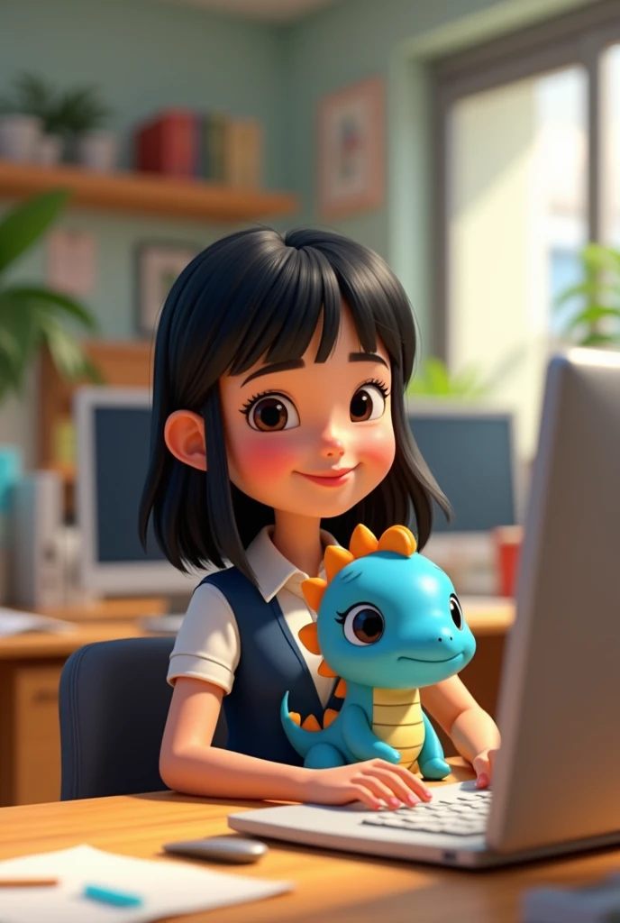 create a disney pixar style with black hair, Caucasian skin, bangss, working with marketing in an office, with a monkey: cute blue baby dinosaur on the side helping to work 